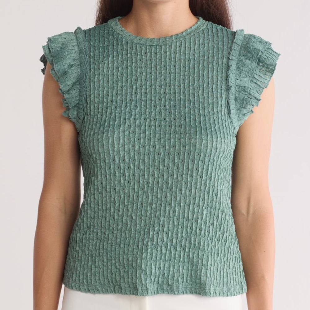 DR2 by Daniel Rainn Ruffle Sleeve Pointelle Knit Top in Teal